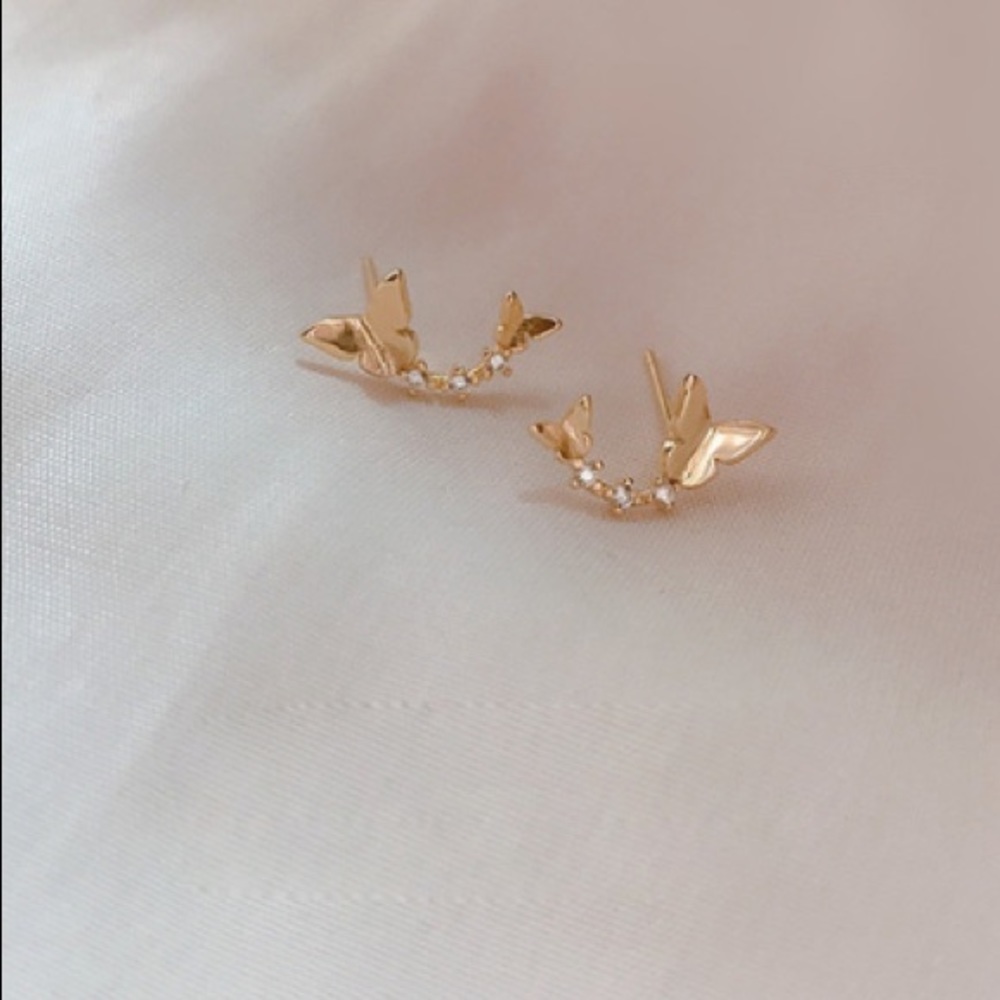 14K GOLD Ultra Delicate Dainty Butterflies Ear Climber Zirco MicroStud E… - Picture 5 of 16